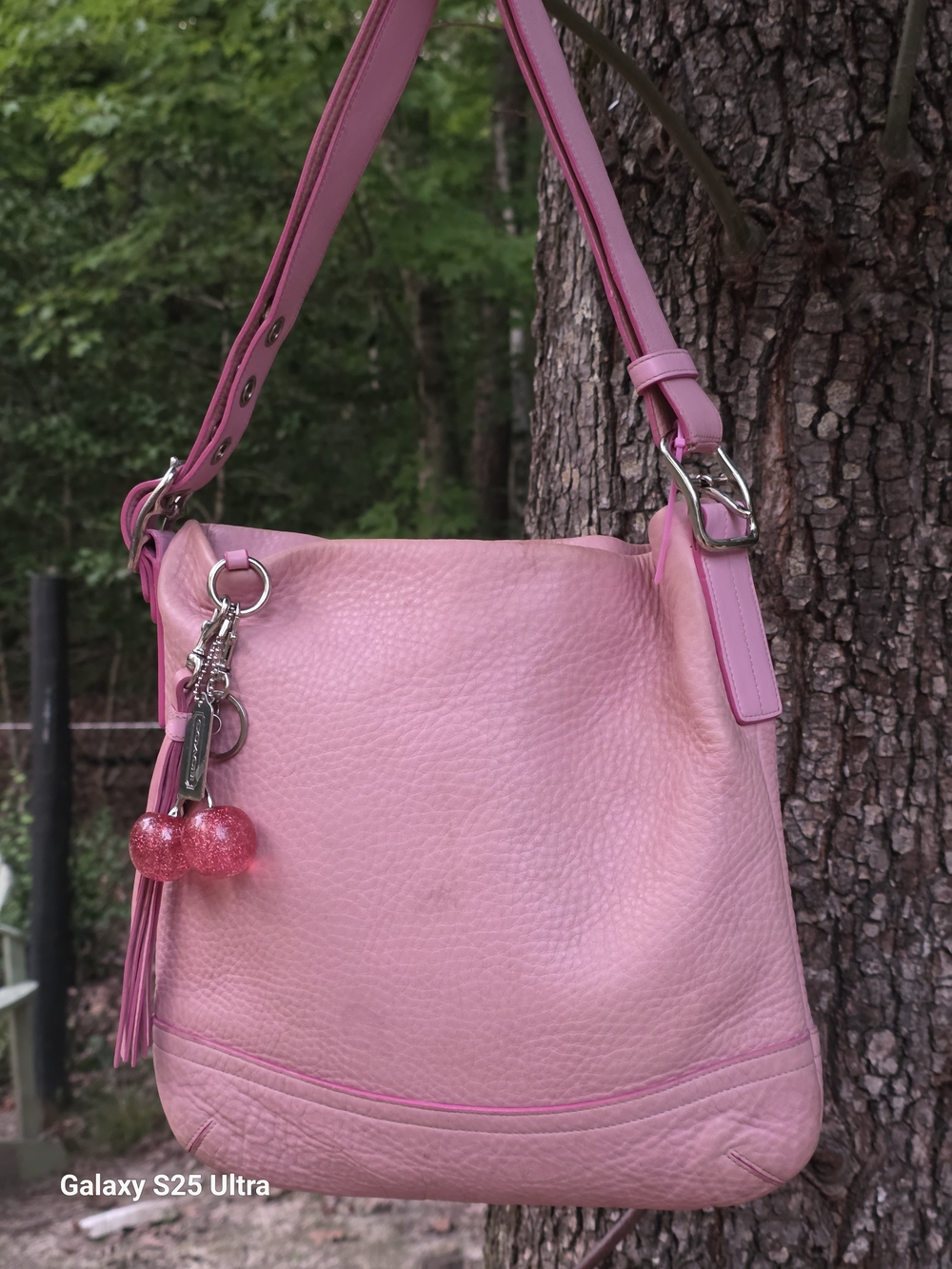 Coach Vintage Pink Soft Milled Slim Duffle With Unbranded Pink Cherry Charm Incl